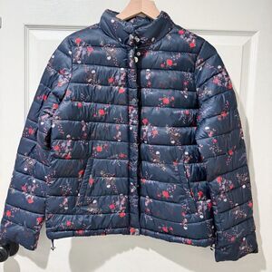 Bernardo Packable Puffer Jacket Coat With Pouch S Navy Floral Lightweight Travel